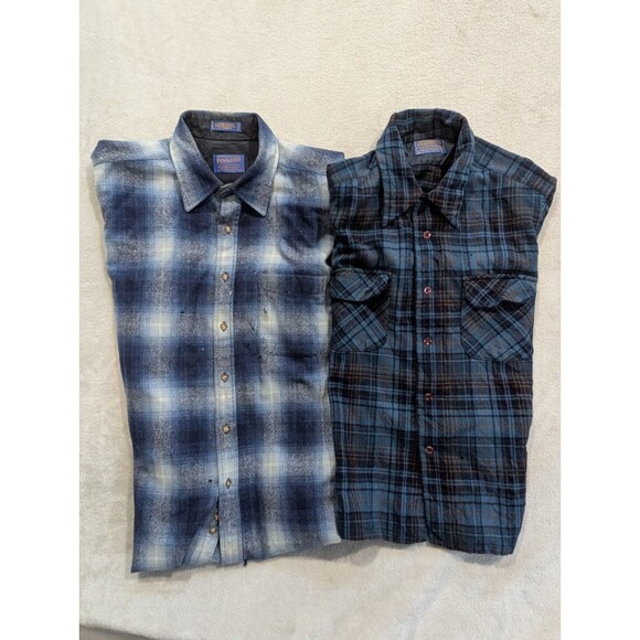Pendleton Long Sleeve Button Front Shirt Blue Plaid Size Large Lot of 2 DAMAGED - Picture 1 of 16